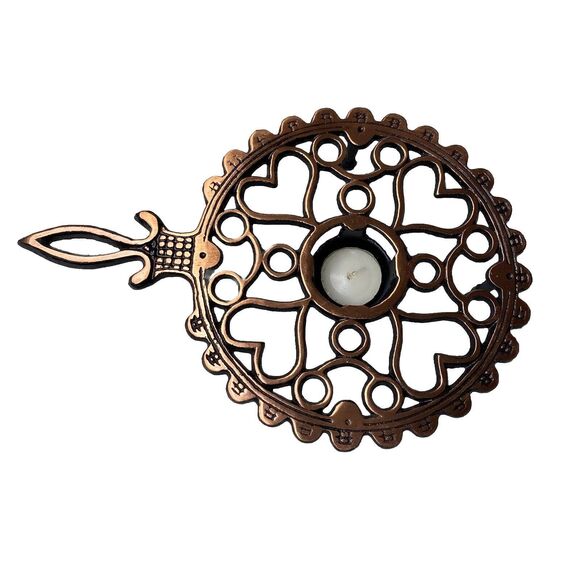Vintage Copper Plated Wrought Iron Trivet Candle Warmer - Heart Design 8” Round - Picture 3 of 7